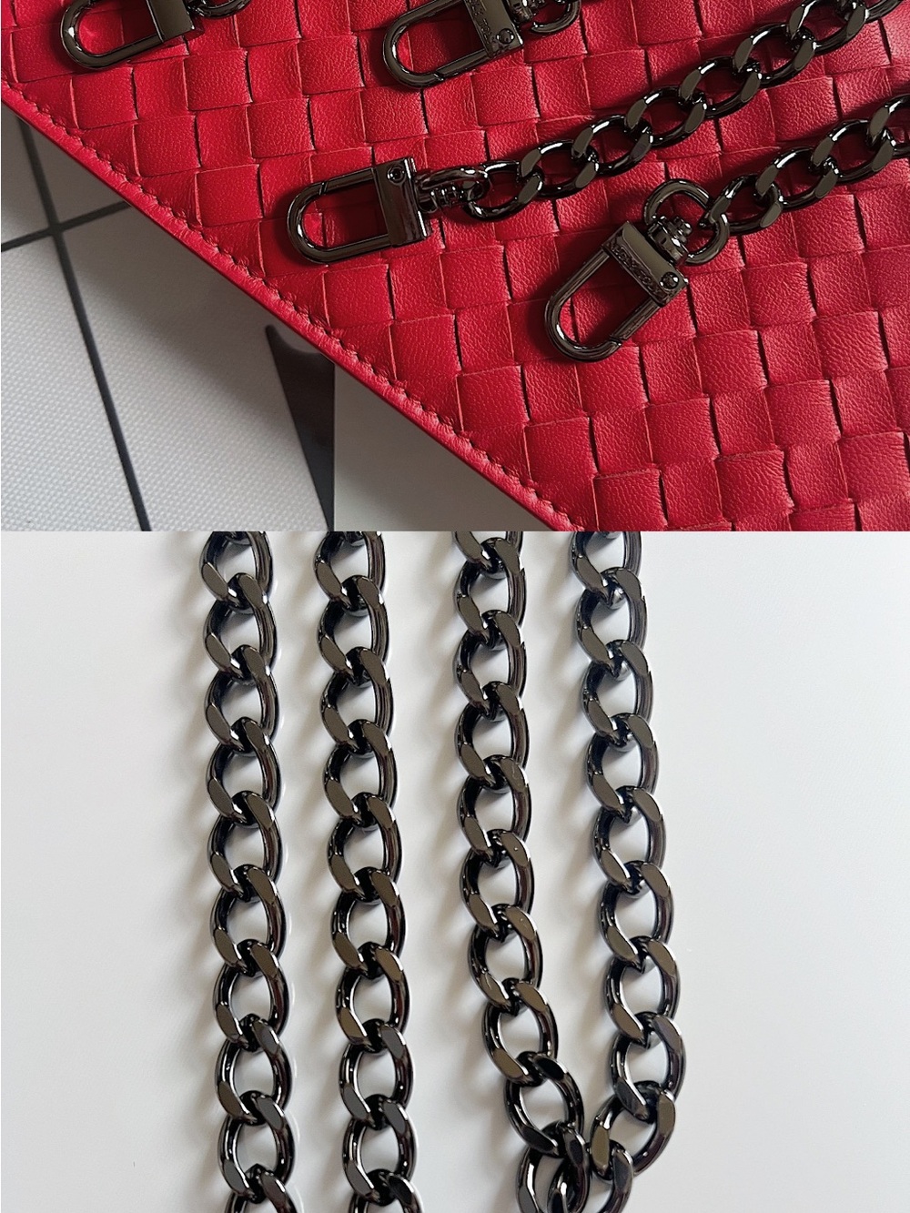 Red Woven Leather Crossbody with Black Gunmetal Chain